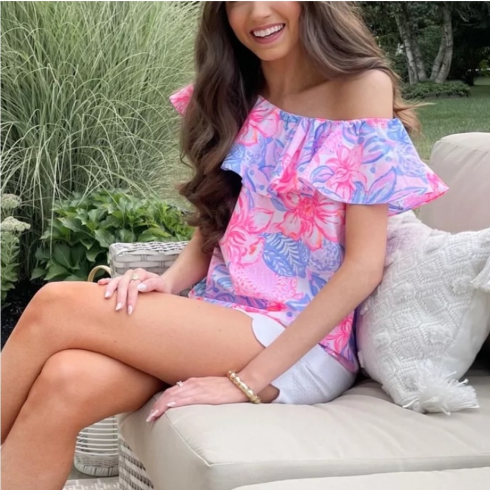NWT Lilly Pulitzer Zeldie One-Shoulder Ruffle Top Pink Isle Snappy Turtle XL